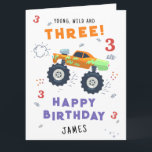 Young Wild And Three 3rd Birthday Kids Monster Car Card<br><div class="desc">Young Wild And Three 3rd Birthday Kids Monster Car Trucks Birthday Card Greeting Card features a cute and colourful monster car trucks with the text "Young, wild and three" in modern typography script accented with the number 3 and doodles. Below "Happy Birthday" personalize with your name and add your custom...</div>