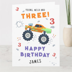 Young Wild And Three 3rd Birthday Kids Monster Car Card