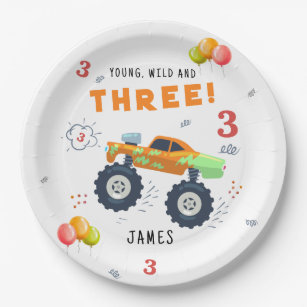 Young Wild And Three 3rd Birthday Kids Monster Car Paper Plate