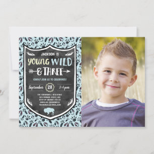 Young Wild and Three 3rd Birthday Party Photo Invitation