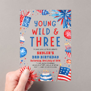 Young Wild and Three 4th July 3rd Birthday Party Acrylic Invitations
