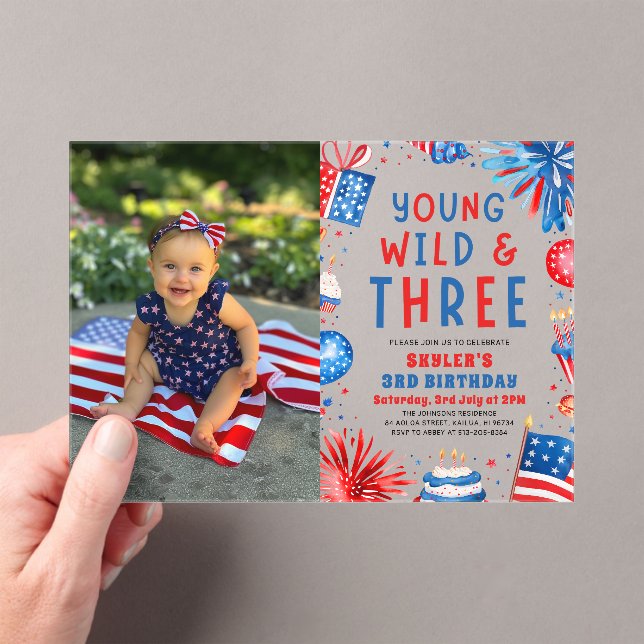 Young Wild and Three 4th July 3rd Birthday Party Acrylic Invitations (Insitu (Handheld))