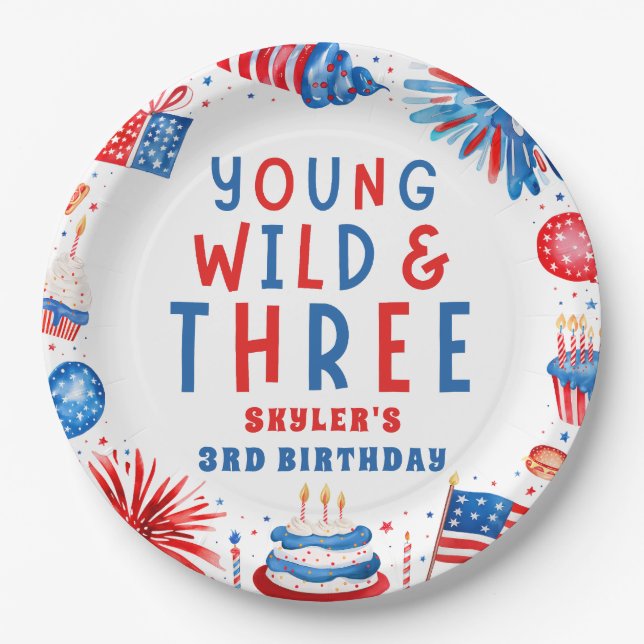 Young Wild and Three 4th of July 3rd Birthday Paper Plate (Front)