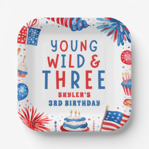 Young Wild and Three 4th of July 3rd Birthday Paper Plate