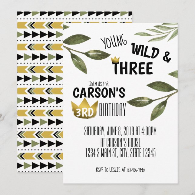 Young wild and three birthday invitation (Front/Back)