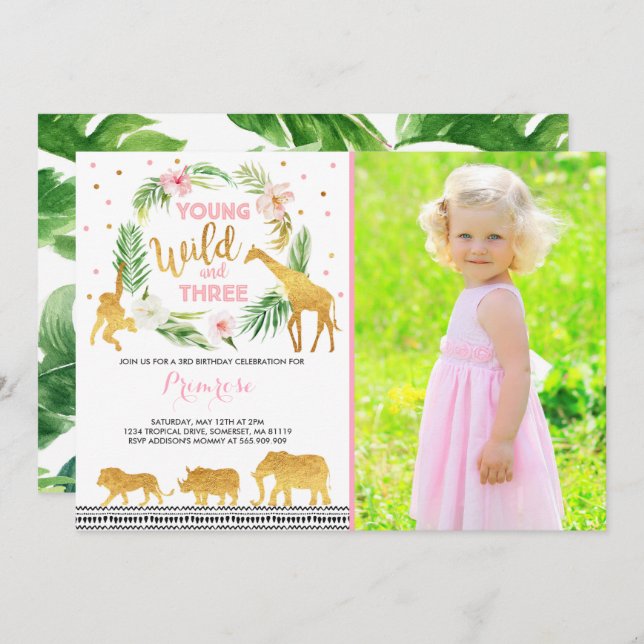 Young Wild And Three Birthday Invitation Jungle (Front/Back)