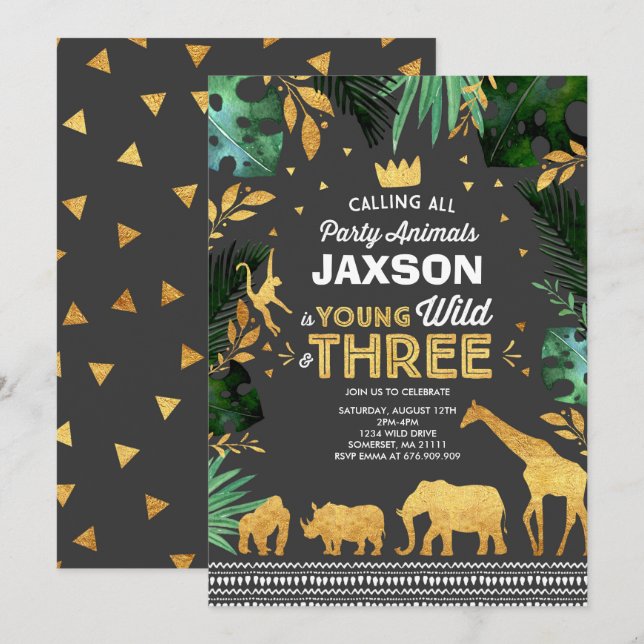 Young Wild And Three Birthday Invitation Jungle (Front/Back)