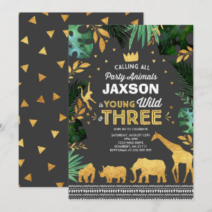 Young Wild And Three Birthday Invitation Jungle