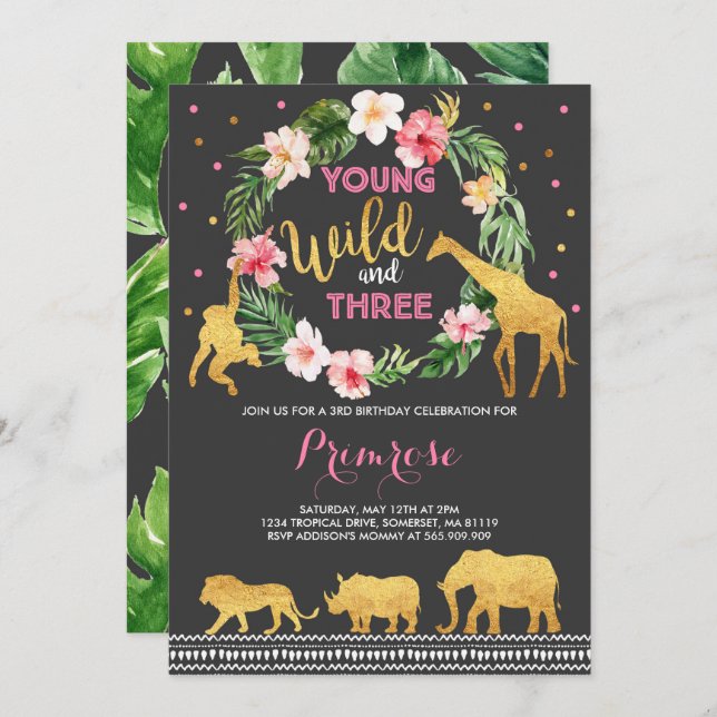 Young Wild And Three Birthday Invitation Jungle (Front/Back)