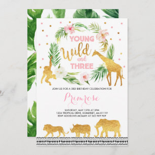 Young Wild And Three Birthday Invitation Jungle