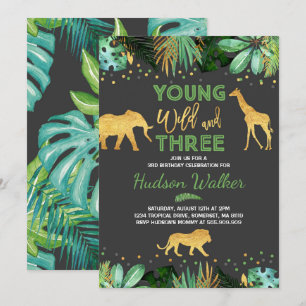 Young Wild And Three Birthday Invitation Jungle