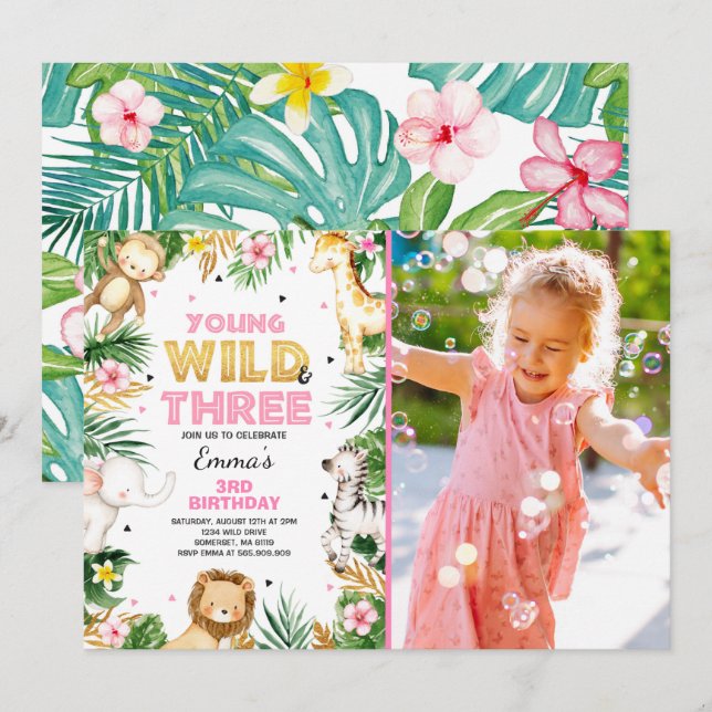 Young Wild And Three Birthday Invite Safari Party (Front/Back)