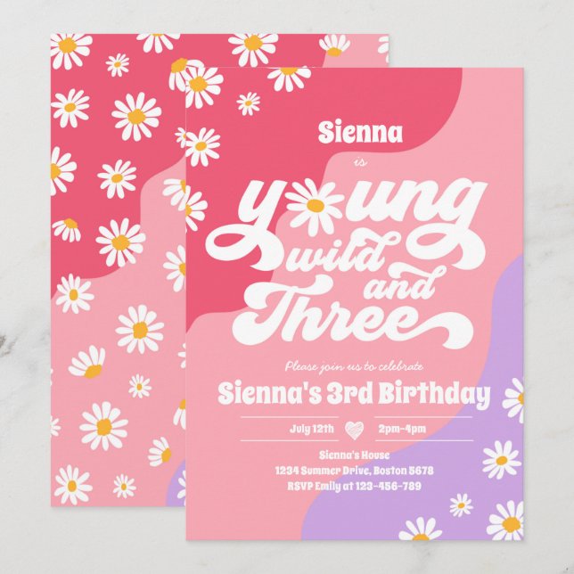 Young Wild And Three Birthday Party Boho Daisy Invitation (Front/Back)