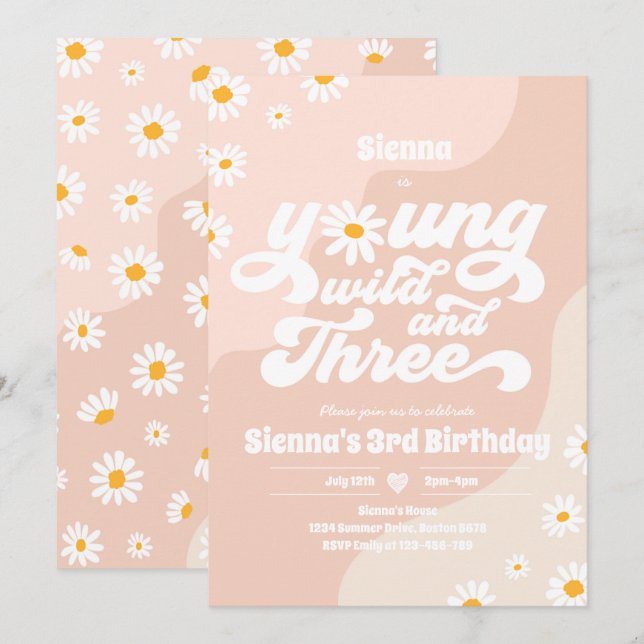 Young Wild And Three Birthday Party Boho Daisy Invitation (Front/Back)