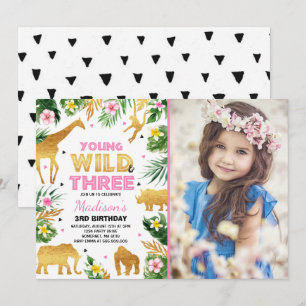 Young Wild And Three Birthday Safari Animals Invitation