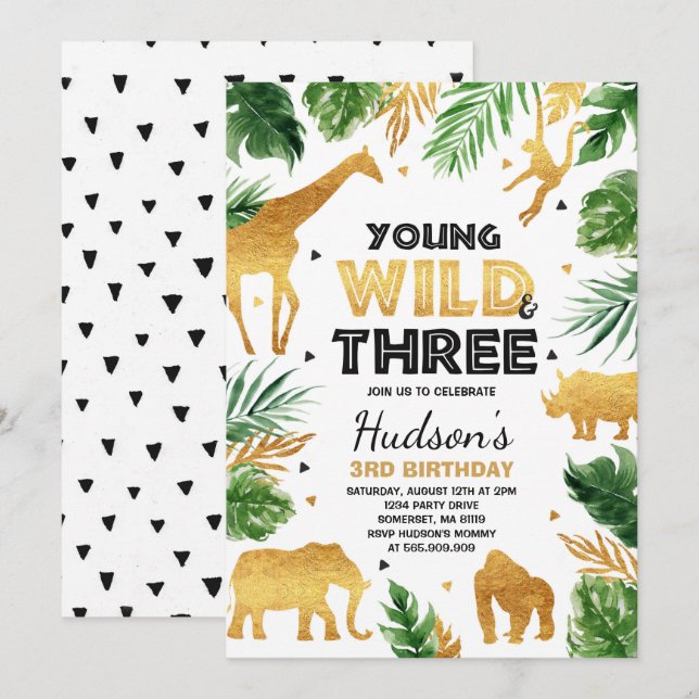 Young Wild And Three Birthday Safari Animals Invitation (Front/Back)