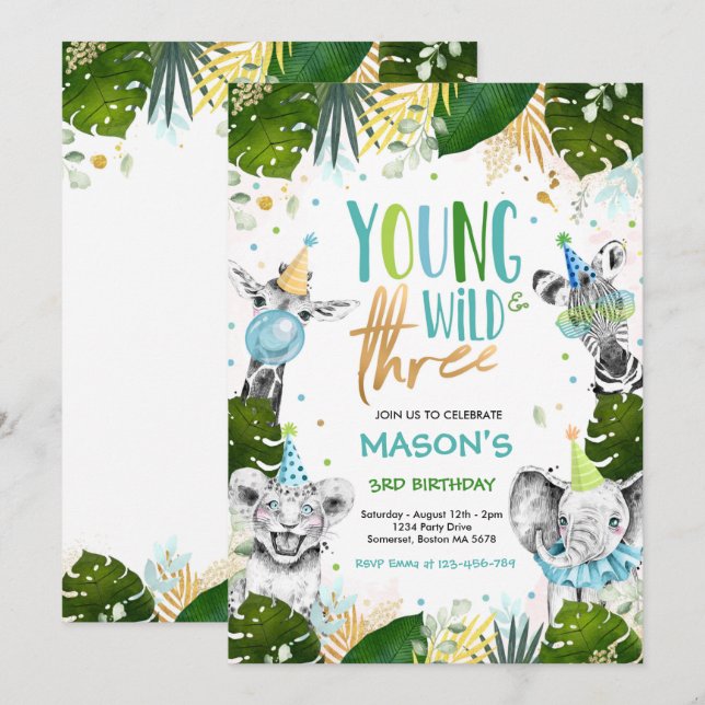 Young Wild And Three Birthday Safari Animals Party Invitation (Front/Back)