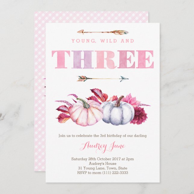 Young Wild and Three, boho 3rd Birthday Party Invitation (Front/Back)
