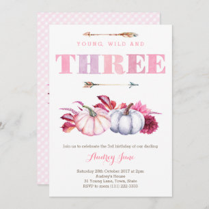 Young Wild and Three, boho 3rd Birthday Party Invitation