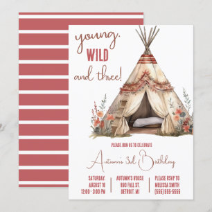 Young, Wild, and Three! Boho TeePee Birthday Party Invitation