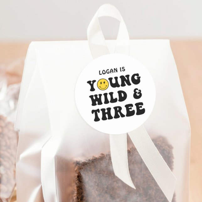 Young Wild and Three Boy 3rd Birthday Party Classic Round Sticker (Creator Uploaded)