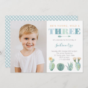 Young Wild and THREE Cacti 3rd Birthday Boy Invitation