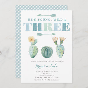 Young Wild and THREE Cactus 3rd Birthday Party Invitation