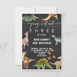 Young Wild and Three Dinosaur Watercolor Birthday  Invitation