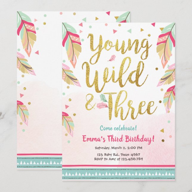 Young Wild and Three Feathers Pink Gold Birthday Invitation (Front/Back)