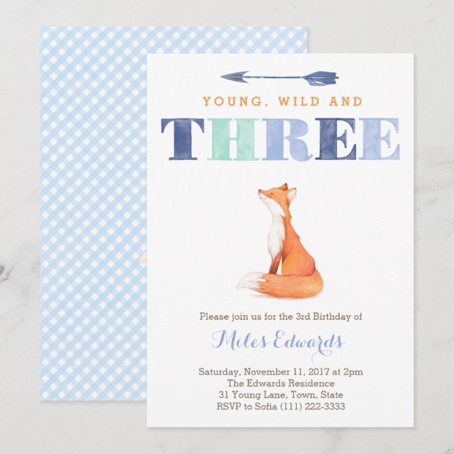 Young Wild and Three Fox 3rd Birthday Party Cards (Front/Back)