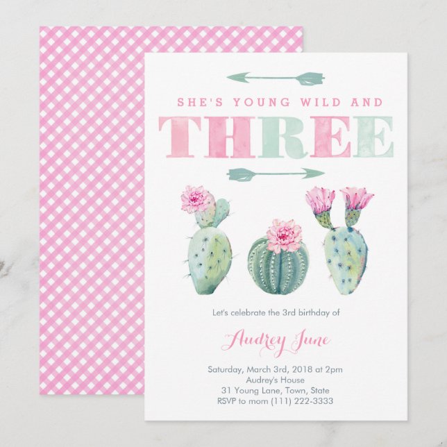 Young Wild and Three Free, Cactus Party Invites (Front/Back)
