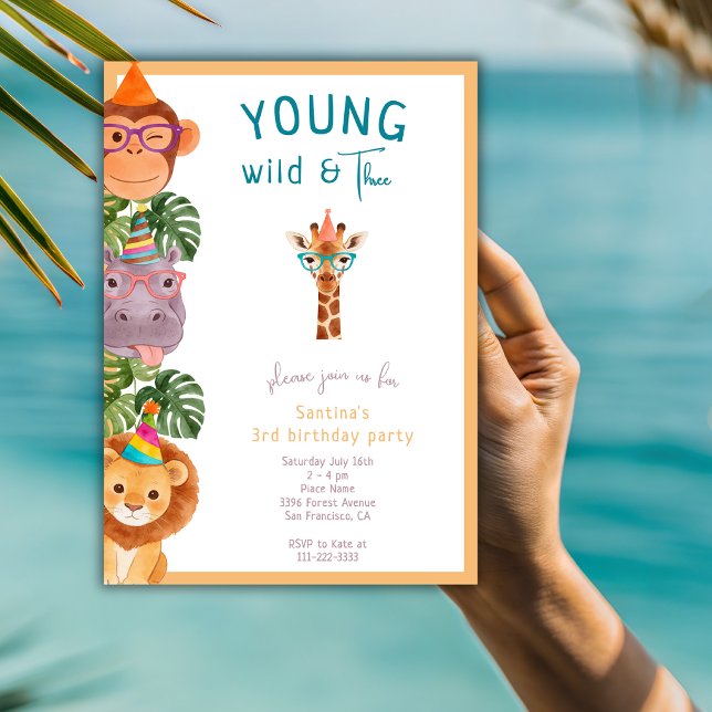 Young Wild And Three Funny Animals 3rd Birthday Invitation (Creator Uploaded)