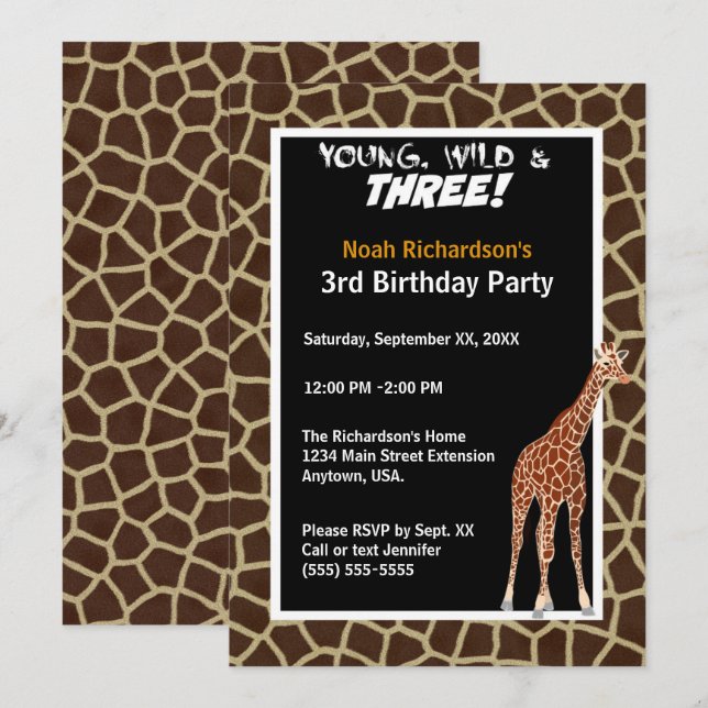 Young Wild and Three Giraffe Safari Birthday Party Invitation (Front/Back)