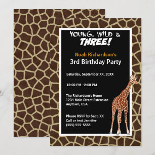 Young Wild and Three Giraffe Safari Birthday Party Invitation