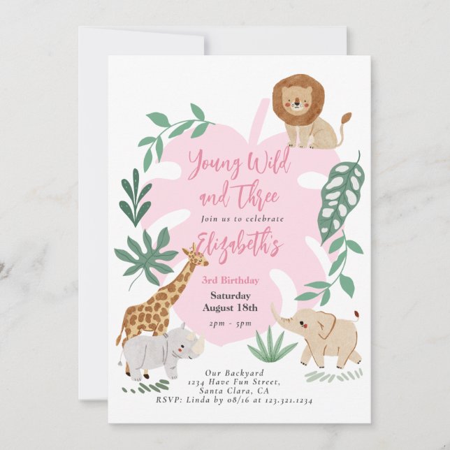 Young Wild And Three Girl Birthday Invitation (Front)