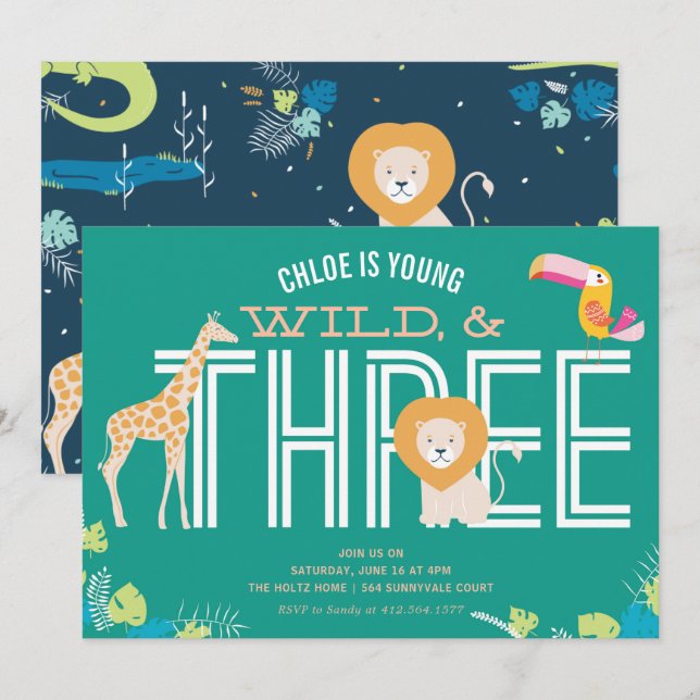 Young, Wild, and Three Girl Birthday Invitations (Front/Back)
