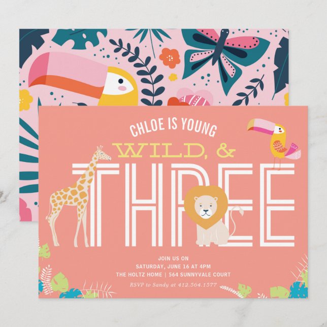 Young, Wild, and Three Girl Birthday Invitations (Front/Back)