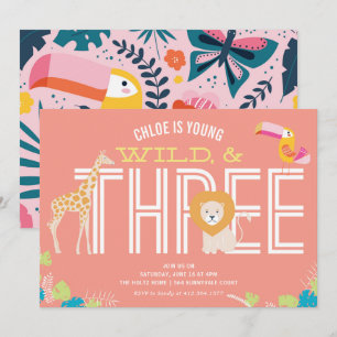 Young, Wild, and Three Girl Birthday Invitations