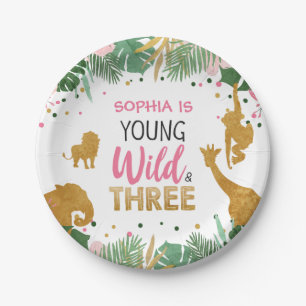 Young Wild and Three Girl Pink Safari Animals Paper Plate