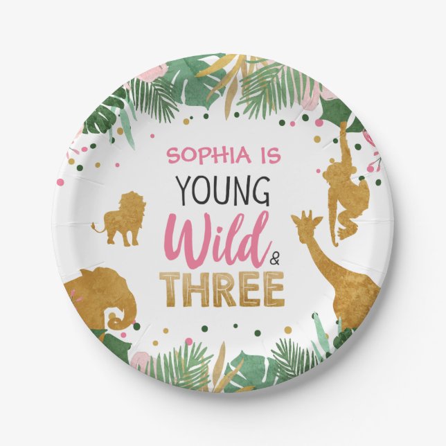 Young Wild and Three Girl Pink Safari Animals Paper Plate (Front)