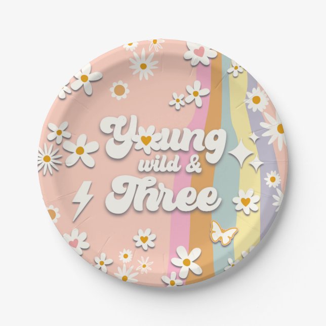 Young Wild and Three Groovy 3rd Birthday Plate (Front)