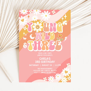 Young Wild and Three Groovy Pink Peach Birthday Invitation