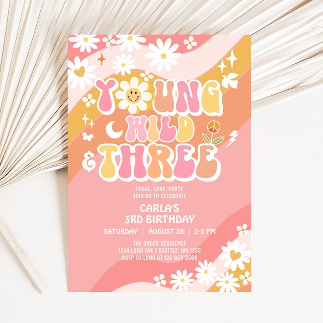 Young Wild and Three Groovy Pink Peach Birthday Invitation (Creator Uploaded)