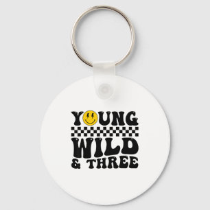 Young Wild And Three Groovy Retro 3 Years Old Kid  Keychain