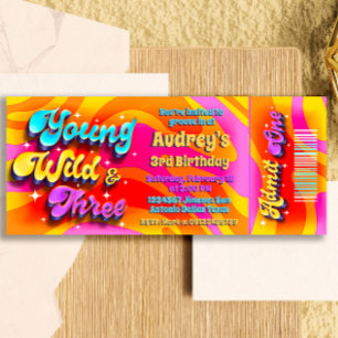 Young Wild and Three - Groovy Ticket Invitation