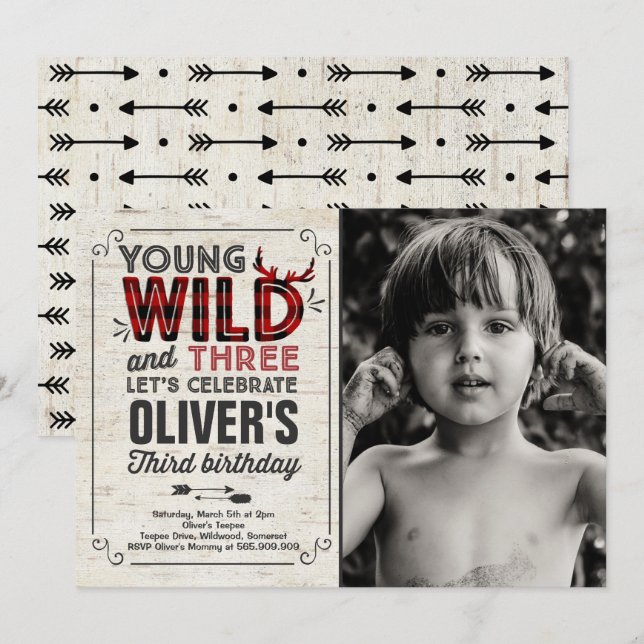 Young Wild And Three Invitation Rustic Lumberjack (Front/Back)