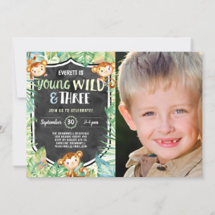 Young Wild and Three Jungle Birthday Party Photo Invitation