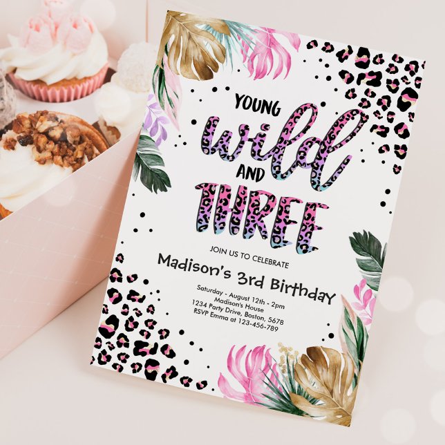 Young Wild And Three Jungle Leopard Print Birthday Invitation (Creator Uploaded)