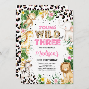 Young Wild And Three Leopard Print Safari Birthday Invitation