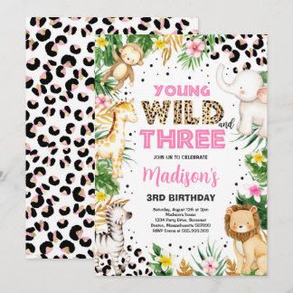 Young Wild And Three Leopard Print Safari Birthday Invitation